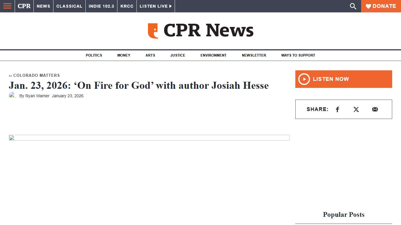 Jan. 23, 2026: 'On Fire for God' with author Josiah Hesse Colorado Public Radio